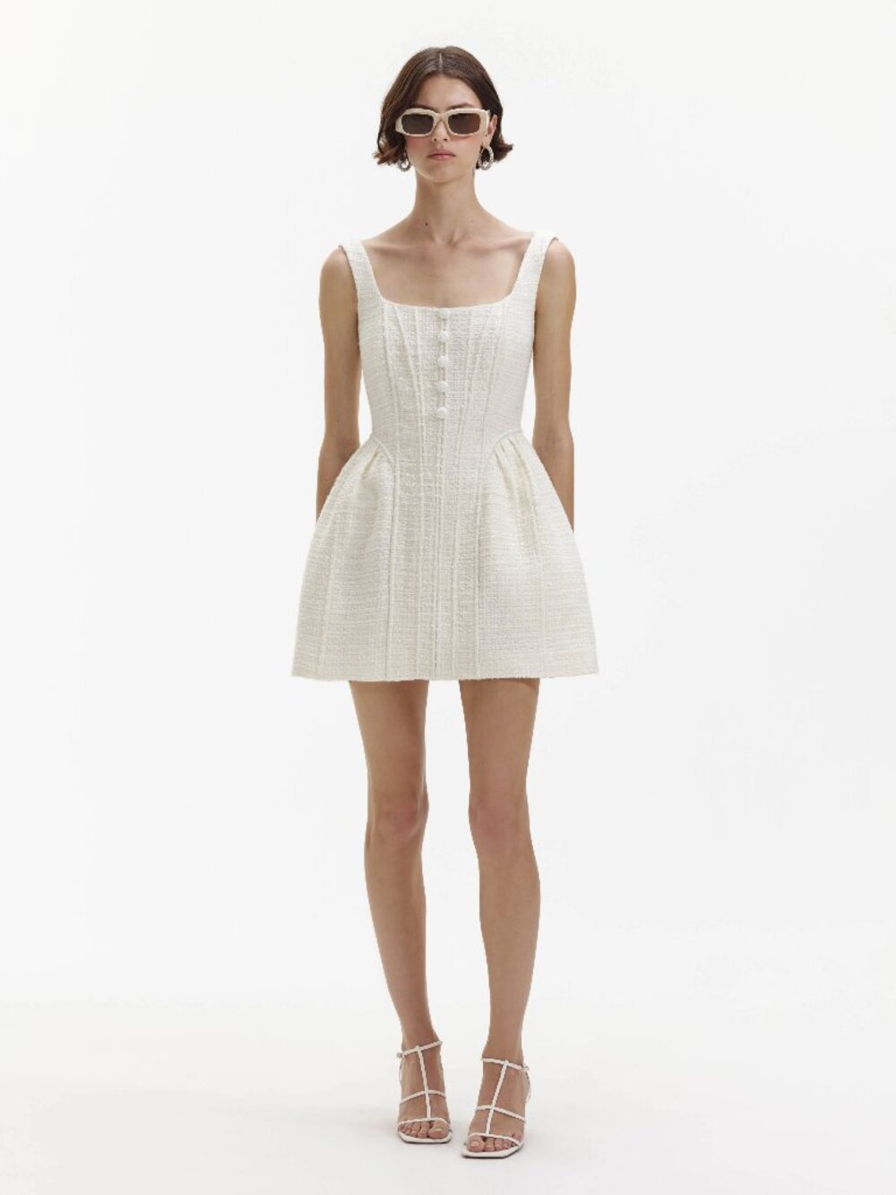 Self-Portrait Cream Boucle Mini Dress US 6 Ivory Square Neck Structured Bridal